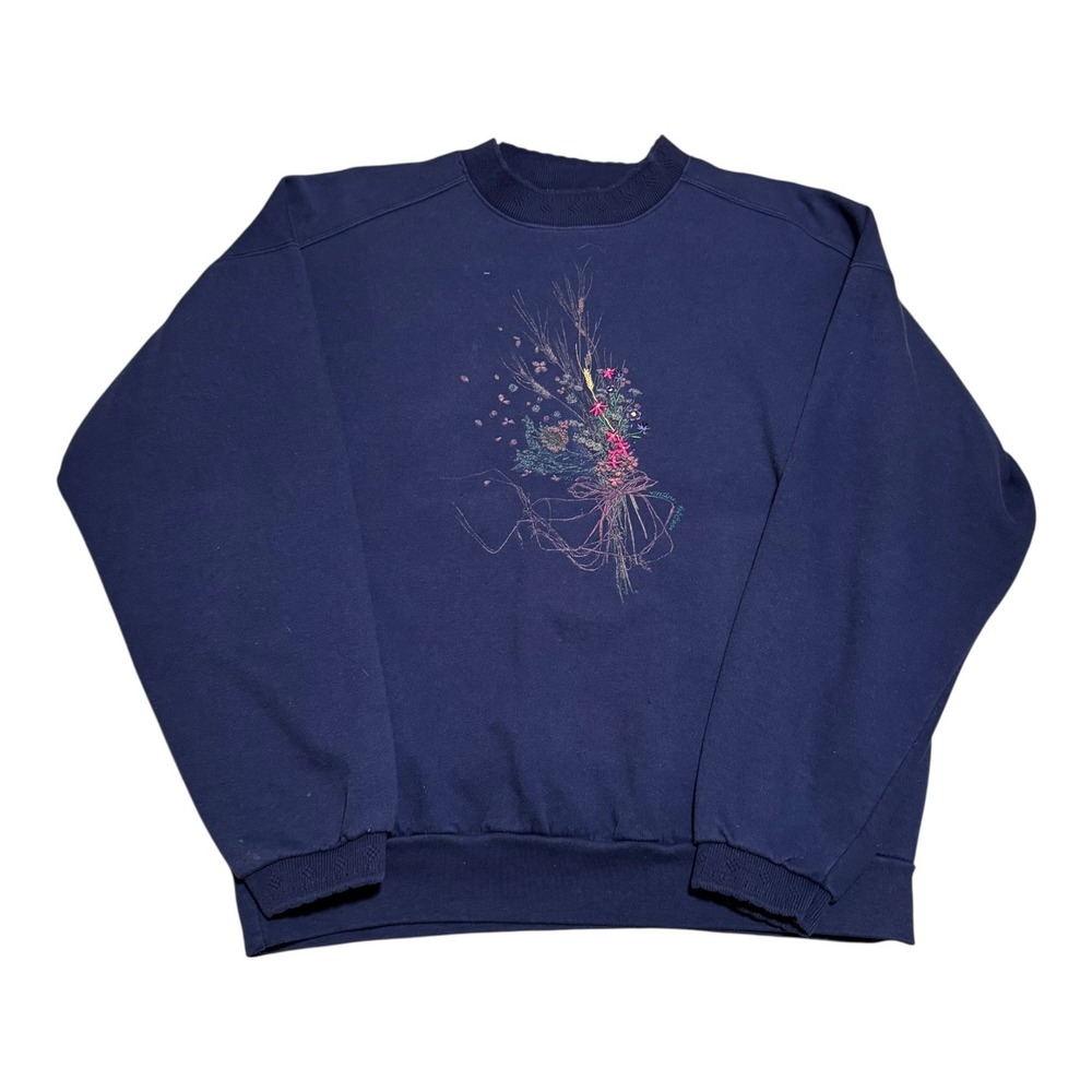Vintage Northern Reflections Navy Blue Floral‎ Bouquet Sweatshirt Women's XL